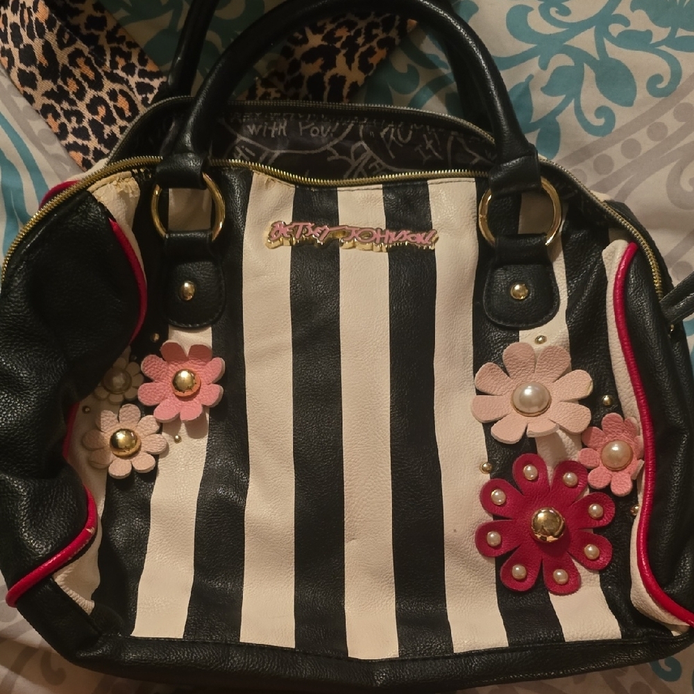 Betsey Johnson Black and White Striped Satchel with Floral Accents